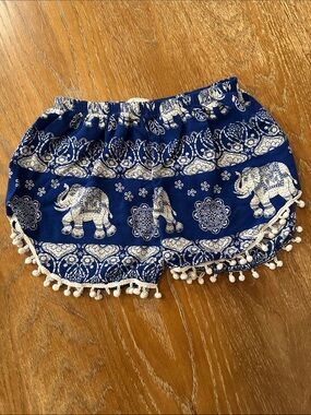 Women's Blue Elephant Print Pom-Pom Shorts
